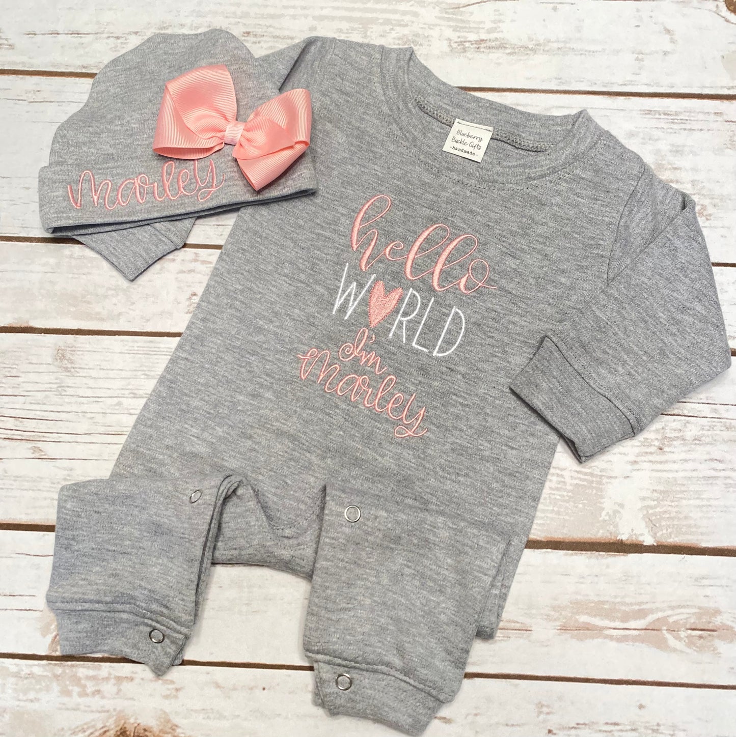Hello World Personalized Newborn Baby Romper and Beanie Unisex