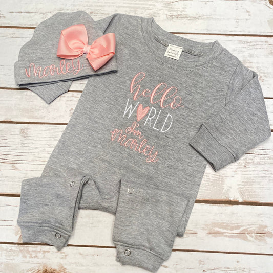 Hello World Personalized Newborn Baby Romper and Beanie Unisex