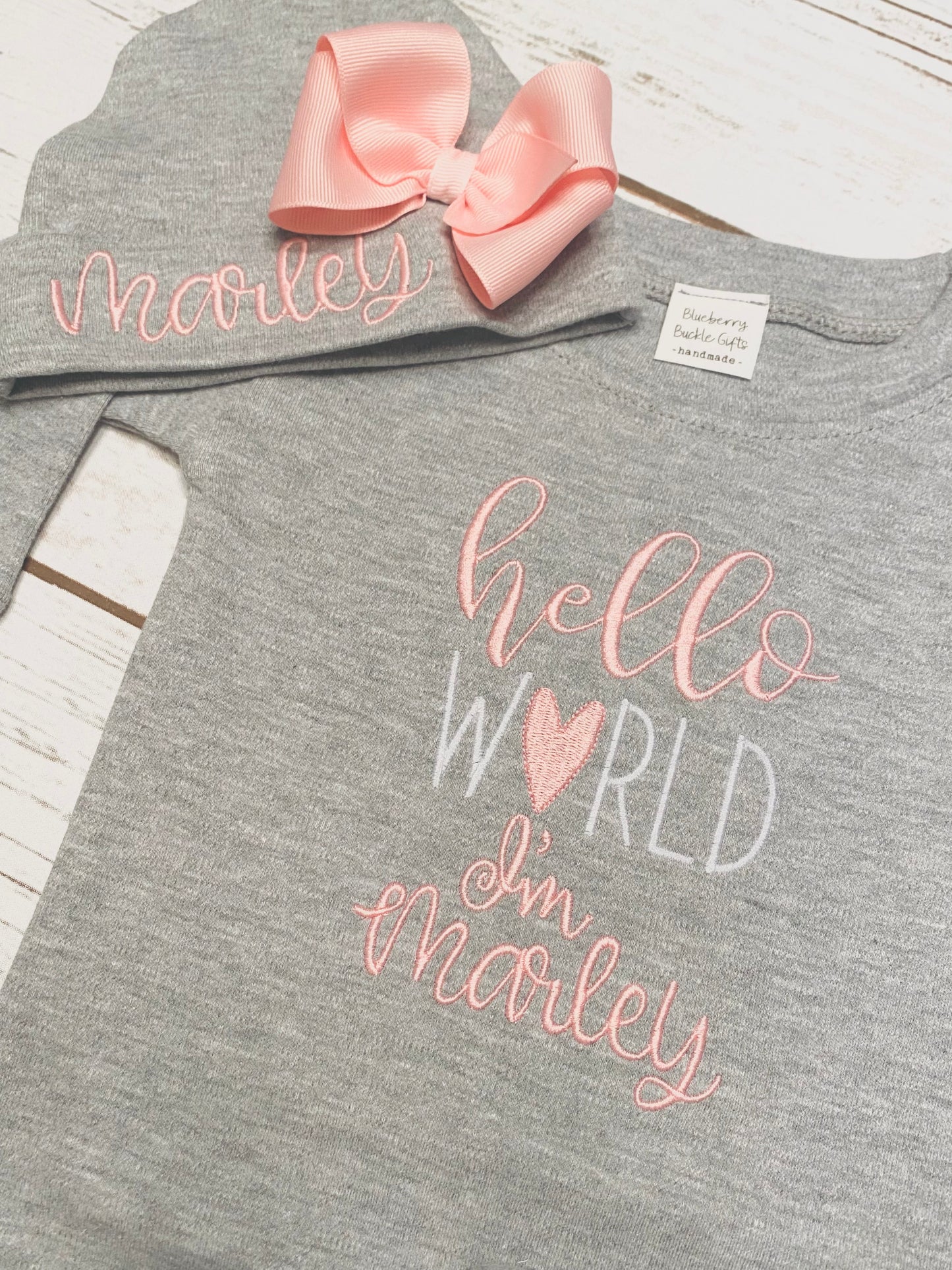 Hello World Personalized Newborn Baby Romper and Beanie Unisex